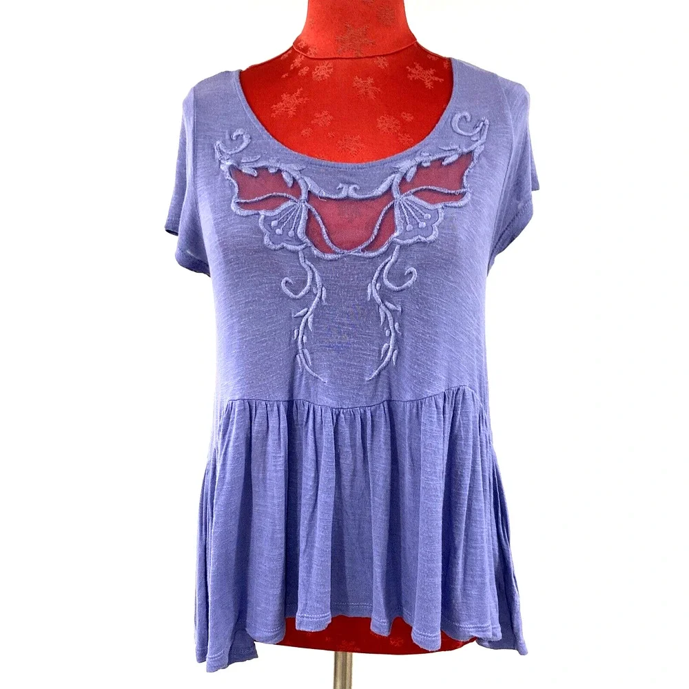Free People baby doll peplum top blue slub knit lace embroidery details Boho XS